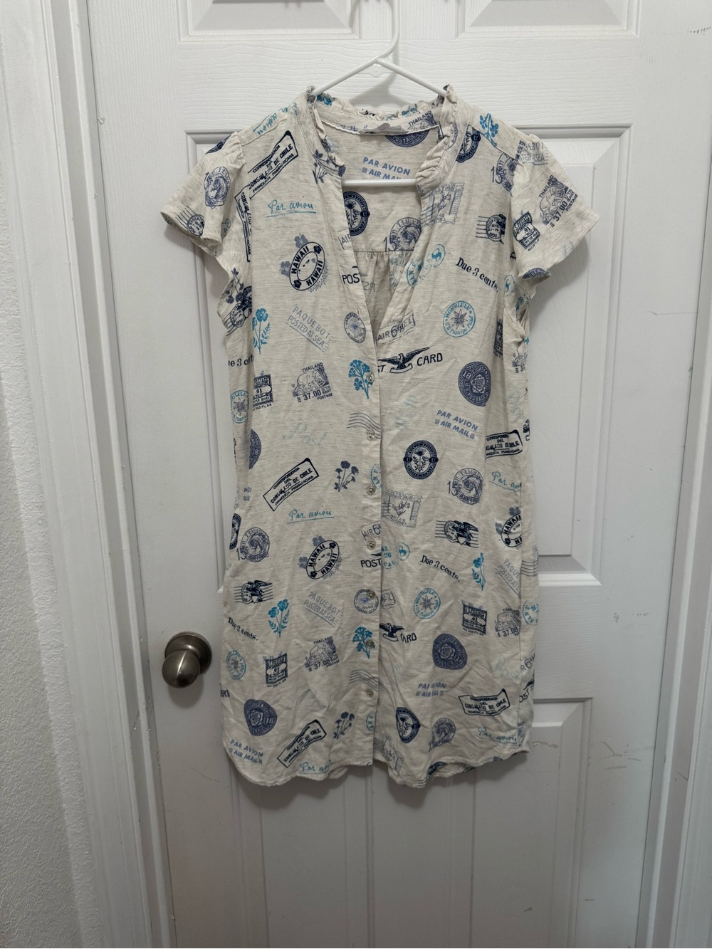 Jane and Delancey Cream Midi Dress- Navy & Teal Postal Print - missing button